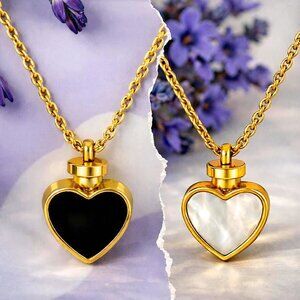 18K Gold Plated Stainless Steel Reversible Heart Necklace Black White Dainty